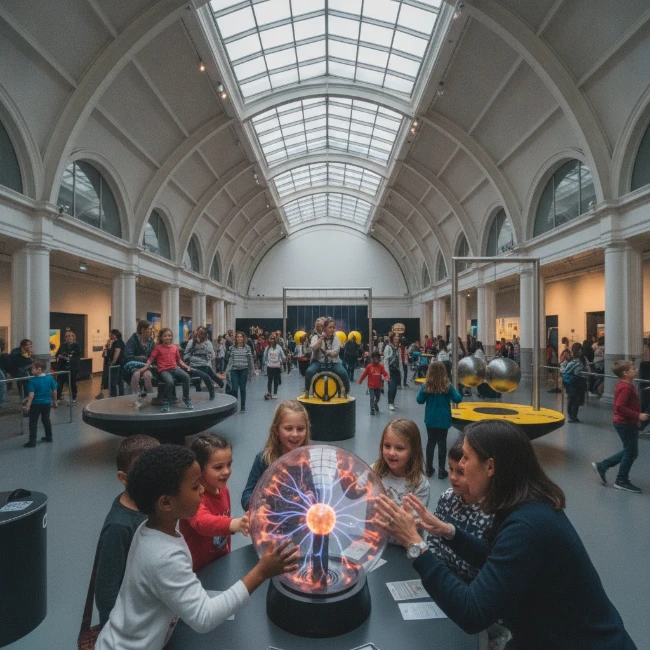 Coach Hire for Science Museum, London – Group Transport 1 Visitors, including many schoolchildren, engaging with interactive exhibits inside the Science Museum, London.