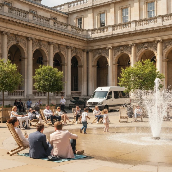 People gathered in the Edmond J. Safra Fountain Court at Somerset House during a public event.