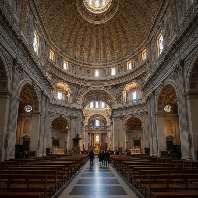 The stunning interior of St Paul's Cathedral, London, with its famous dome and detailed stonework.