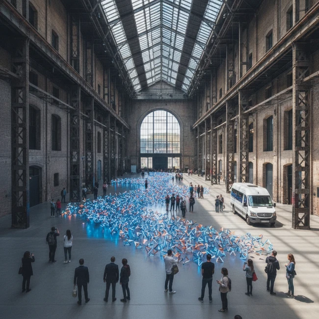 A large contemporary art installation displayed within the vast Turbine Hall of Tate Modern.