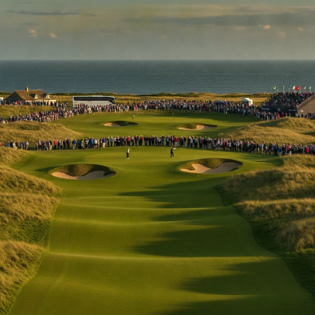 Spectators watch golfers on a challenging links golf course during The Open Championship.