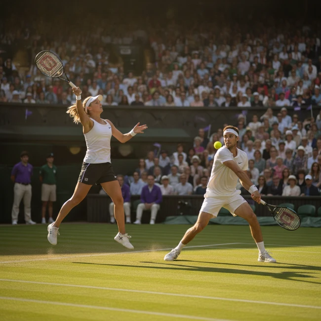 Coach Hire Wimbledon Championships, All England Club, London 1 A professional tennis player serving on a perfectly manicured grass court during The Wimbledon Championships, with spectators in the background.