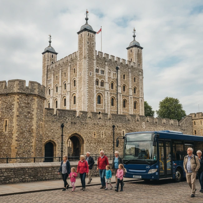 The iconic White Tower, a central keep within the Tower of London complex, viewed from a slightly elevated angle.