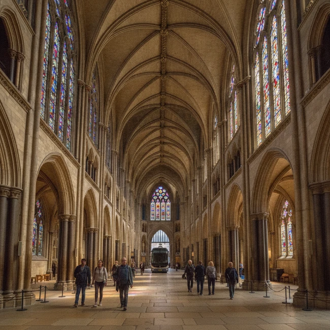 The stunning vaulted ceiling and stained glass windows inside Westminster Abbey.