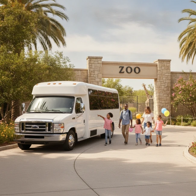 Coach Hire for ZSL London Zoo, London — Group Transport 1 A clean 16-seat executive minibus parked near the entrance of a zoo, with families and children walking towards the gates.
