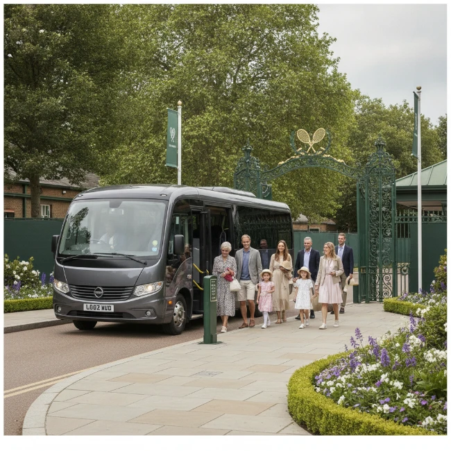 Coach Hire Wimbledon Championships, All England Club, London 2 A comfortable minibus dropping off a group of passengers near a designated entrance at the All England Club for The Wimbledon Championships.