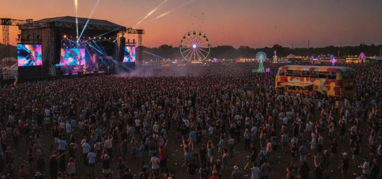 Crowd enjoying music at a large outdoor festival with illuminated stages.