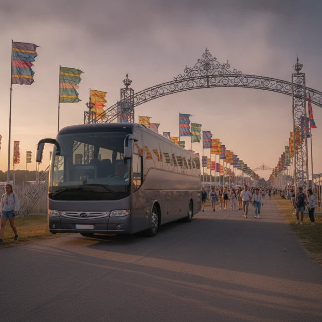 Coach parked near a festival entrance, ready for passenger drop-off.