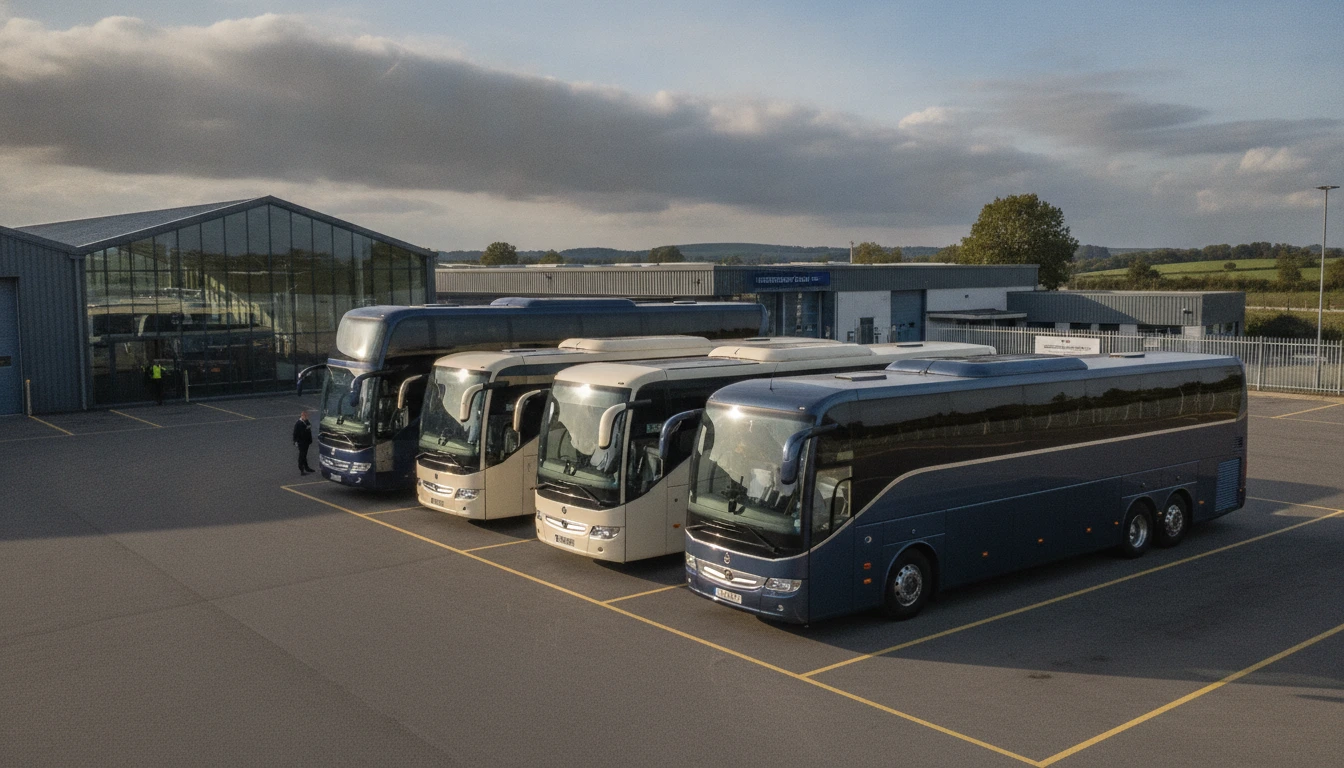 A MyBus4U coach collecting staff outside a Hertfordshire business park