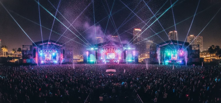 Crowd enjoying music under colourful lights at a large electronic music festival.