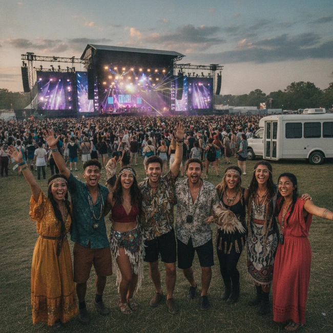 Excited festival-goers celebrating at an outdoor music event.