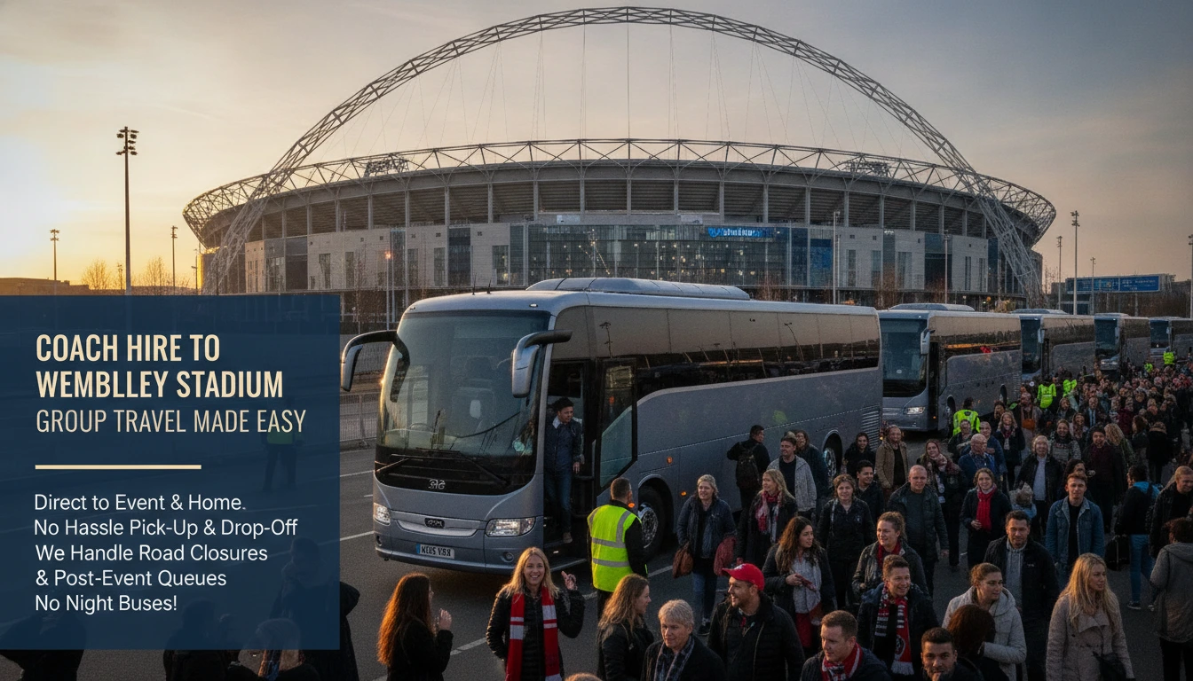 A MyBus4U coach collecting a group for an event at Wembley Stadium