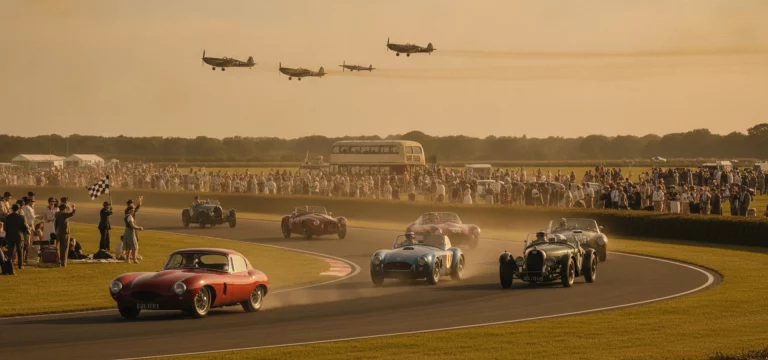 A bustling scene at the Goodwood Revival, showcasing vintage motorsport and period fashion.