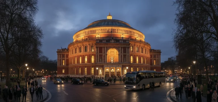 The majestic Royal Albert Hall illuminated against a twilight sky, a symbol of London's cultural events.