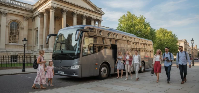 A luxury coach parked near the grand entrance of the Ashmolean Museum in Oxford, with visitors arriving for their tour.