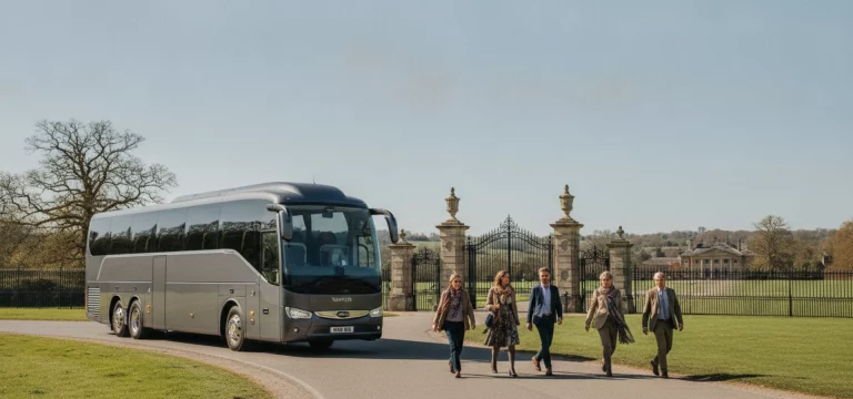 A luxury coach parked on a tree-lined road leading to a grand country estate, with people walking towards the entrance.