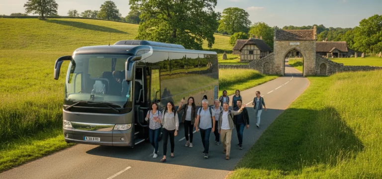 A modern coach parked near the entrance of Beamish, The Living Museum of the North, with visitors disembarking.