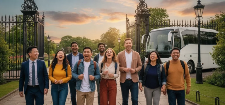 A diverse group of people walking towards the entrance of Botanic Gardens, Belfast, with a modern coach in the background.