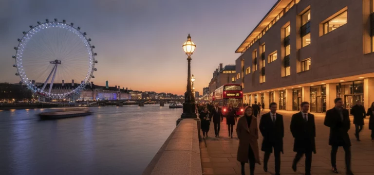The BFI Southbank Centre illuminated at dusk, with the River Thames and London Eye in the background, suggesting a cultural event.