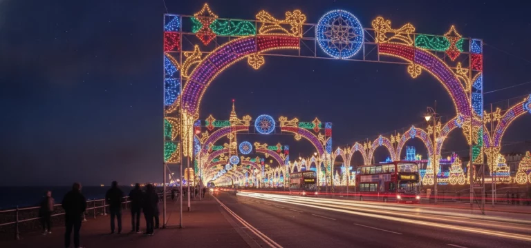 Spectacular night view of the Blackpool Illuminations light festival.
