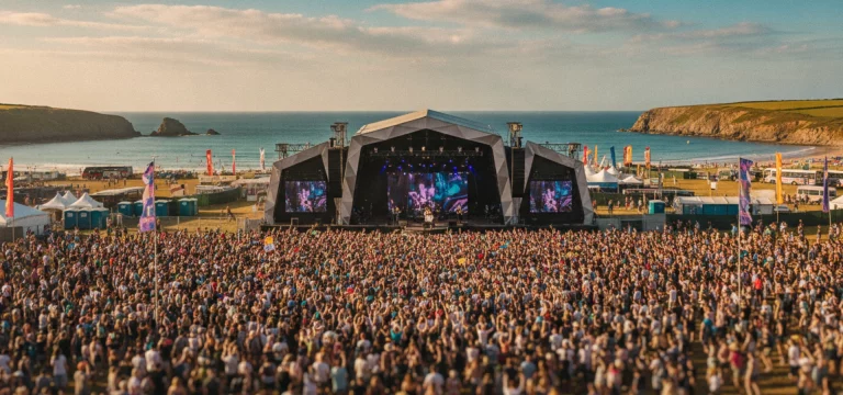 A wide, dynamic shot of the main stage at Boardmasters Festival, Watergate Bay, filled with a large crowd enjoying a live music performance, with the Cornish coastline and ocean visible in the distance.
