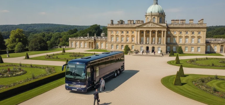 A luxurious coach parked on the driveway of Blenheim Palace, with the grand Baroque architecture in the background.