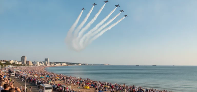 Spectacular aerial displays at Bournemouth Air Festival with crowds watching from the seafront.