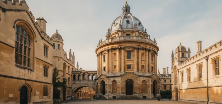 The iconic Radcliffe Camera and surrounding historic buildings of the Bodleian Libraries in Oxford.