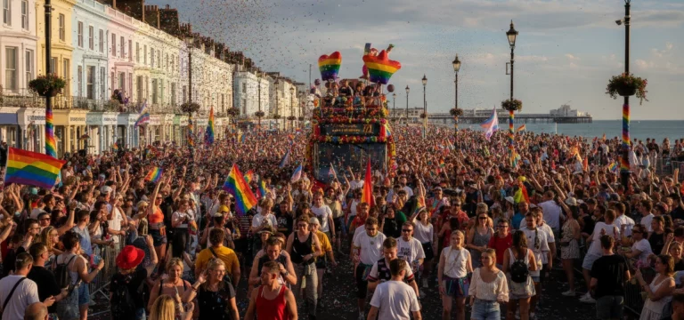 Crowds celebrating at Brighton Pride parade with colourful banners.