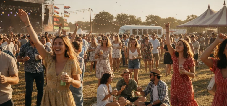 People enjoying a vibrant outdoor music festival on a sunny day.