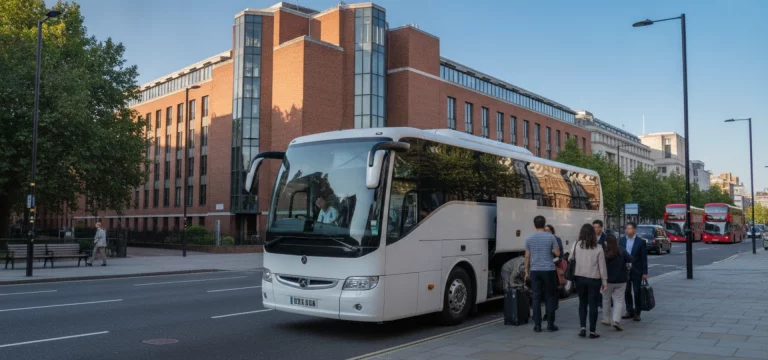 A luxury coach dropping off visitors near the British Library on Euston Road, London.
