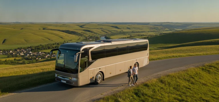Luxury coach on a scenic route towards a destination.