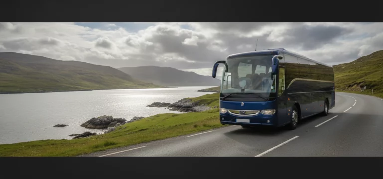 A luxury coach travels along a picturesque coastal road in Argyll, Scotland, with serene loch views.
