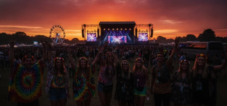 Festival attendees enjoying the sunset at a large outdoor music event.