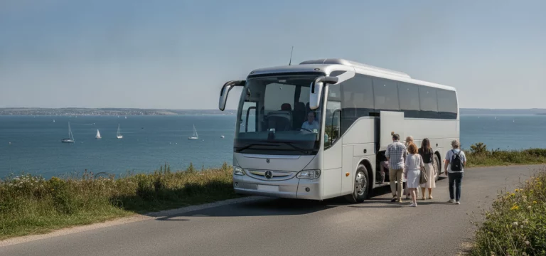 A modern luxury coach parked on a coastal road overlooking the Solent, with sailing boats in the distance and passengers boarding.