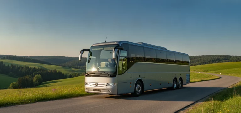 A modern coach parked on a scenic road with rolling hills.