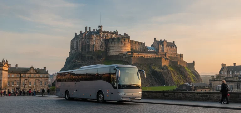 A grand view of Edinburgh Castle at dawn, with a modern coach on a street in the foreground, ready for group travel.