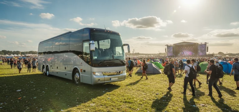 A luxurious coach parked near a bustling festival site, with attendees walking towards it, ready for their journey.