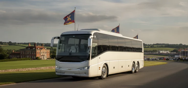 Luxury coach parked on a scenic road near the Goodwood Estate, ready for event transport.