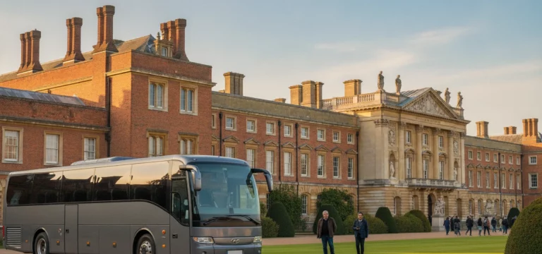 A grand view of Hampton Court Palace with its distinctive red brick and turrets, a modern coach discreetly parked nearby.