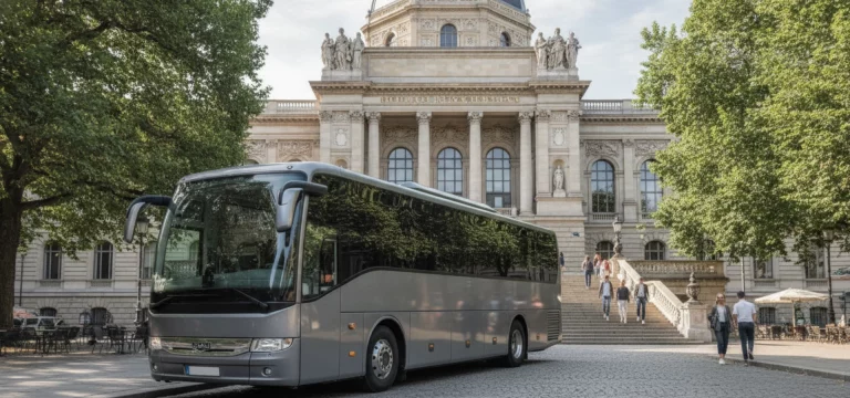A sleek, modern coach parked on a tree-lined street outside the grand, historic Horniman Museum building, with visitors walking towards the entrance.