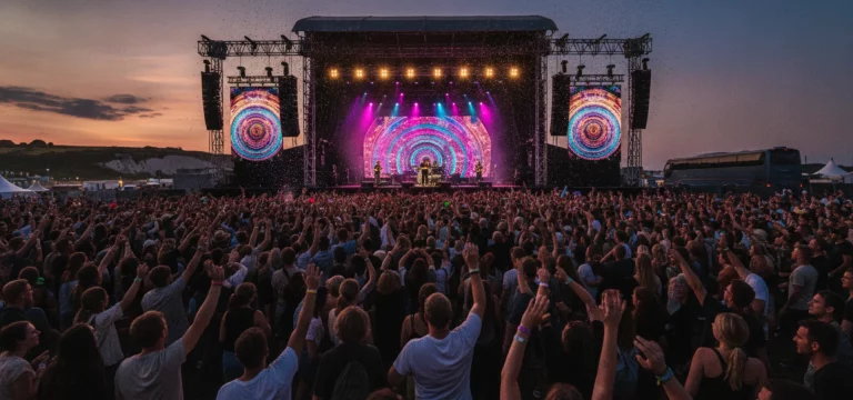 Isle of Wight Festival main stage with crowd enjoying music at dusk.