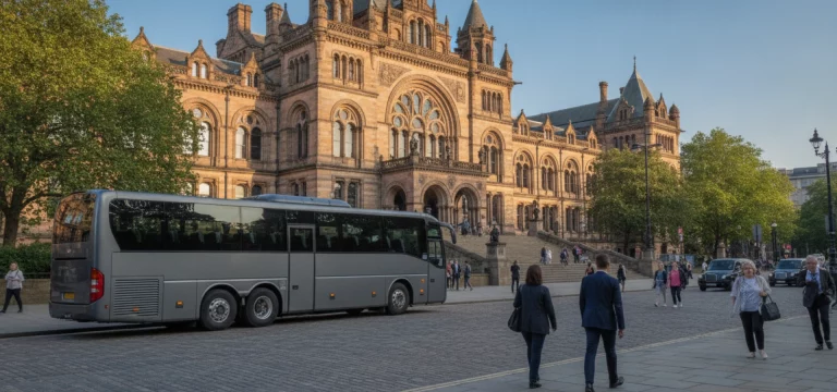 A luxury coach parked on a street in Glasgow with Kelvingrove Art Gallery and Museum in the background.