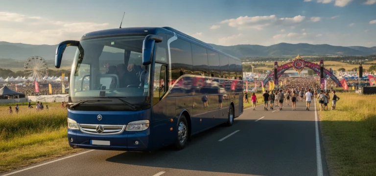 A modern luxury coach parked on a road, with festival-goers walking towards the entrance of Kendal Calling in the background.