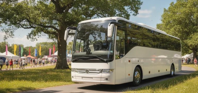 A modern luxury coach, light grey, parked on a road leading to a vibrant festival entrance at Henham Park, Suffolk, with people walking in the background.