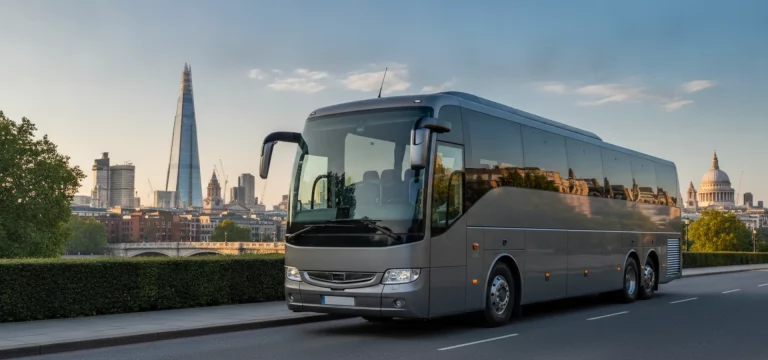 Luxury coach with London skyline in the background