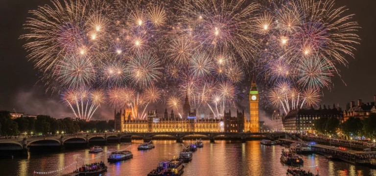 Spectacular fireworks display over the River Thames in London on New Year's Eve.