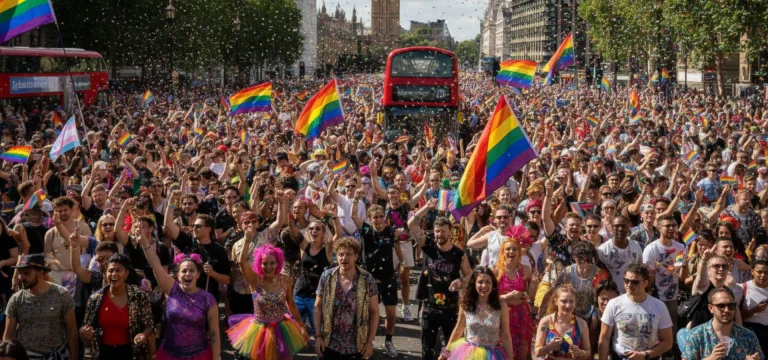 Crowds celebrating at the London Pride Parade with colourful flags.