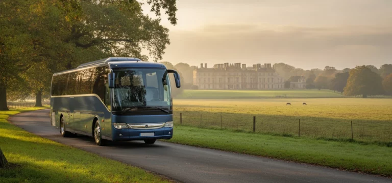 A luxury coach parked with the Longleat estate in the distance.