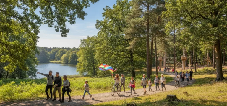 A group of friends and families walking along a scenic path through the forest at Moors Valley Country Park on a sunny day.